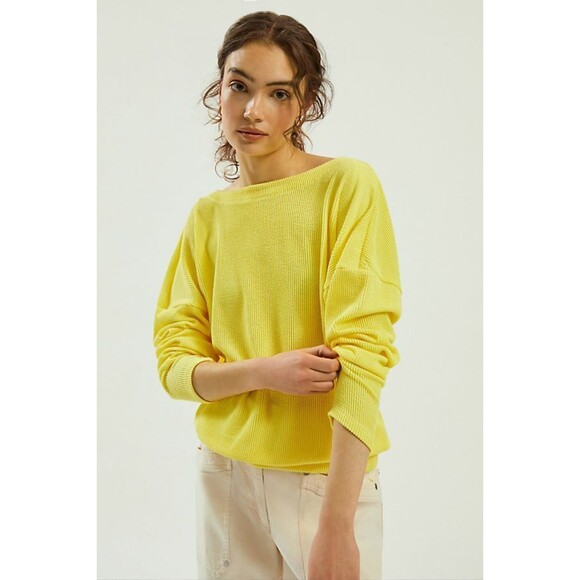 Yellow Anthropologie Maeve Boatneck Ribbed Textured Draped Low Back Top (NWT) - Picture 2 of 5